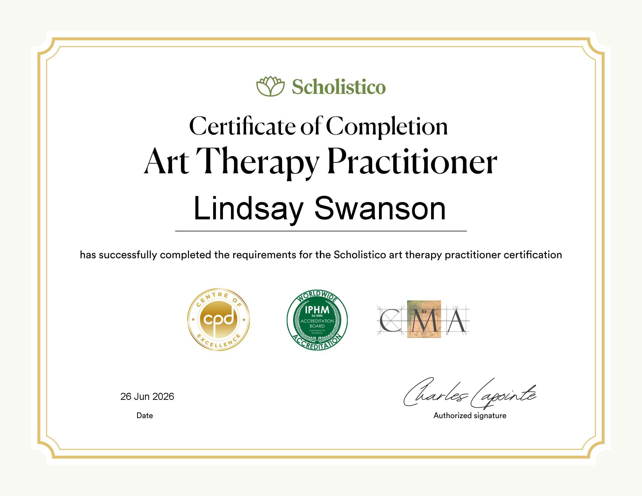Lindsay Swanson's Art Therapy Practitioner Certificate